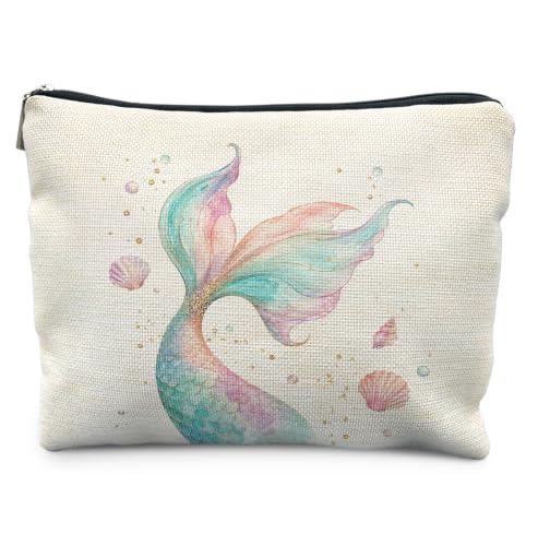 Coastal Beach Mermaid Tail Makeup Bag for Women | Mermaid Gifts for Women,Glitter Blue and Pink Ocean Mermaid Tail Seashell Cosmetic Toiletry Bag Zipper Pouch - color: Mermaid Tail Seashell
