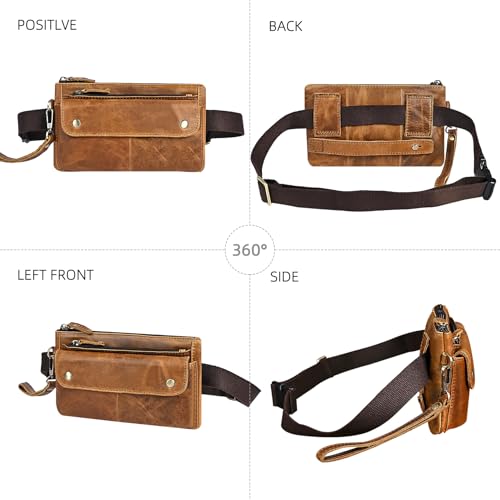 Water Resistant Canvas + Leather Hiking Riding Travel Fanny Waist Pack Small Phone Pouch For Men Women FB811-29 (100% Leather-The 8136 Brown2) - color: 100% Leather-The 8136 Brown2