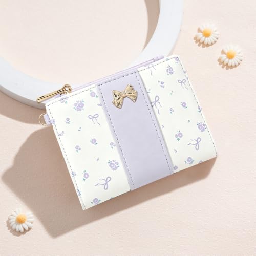 Floral Bow Small Zipper Wallet for Women Girls (BIFOLD-PURPLE) | Bifold Wallet, Zipper Coin Pocket, ID Window, 5 Card Slots, Removable Wrist Strap - color: BIFOLD-PURPLE