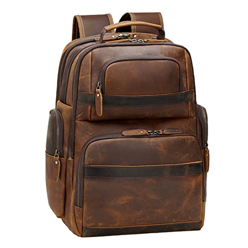 TIDING Men's Leather Backpack 14" & 15.6" Laptop Business Travel Daypack | Thick Sponge Padded Laptop & Tablet Sleeves, Water Bottle Holder, Luggage Strap, Anti-theft Pocket, Large Capacity - color: Brown(fits 15.6" Laptop)