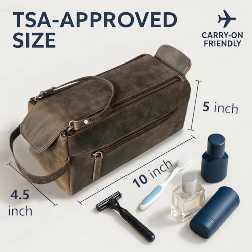 Rustic Town Leather Wash Bag for Men - Travel Toiletry Bag - Shaving Dopp Kit Toiletries Organizer - Leather Makeup Bag for Women | Main Compartment, Interior & Exterior Zip Pockets, YKK Zippers, Waterproof Lining; TSA Carry-On; Gifts for Him, Brown - col