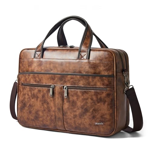 Shrrie Leather Messenger Bag for Men&Women 16 inch Laptop Bag,Water-Resistant Retro Leather Briefcase for Men Business,Work - color: Brown