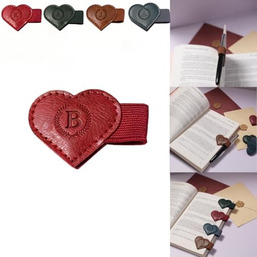 Magnetic Leather Bookmarks with Pen Holder, 26 Letters Name Initial Custom Personalized Heart-Shaped Book Marks for Book Lover Readers, Bygone Cute Leather Bookmark Gift for Women,Girls (Red,B) - color: Red, size: B