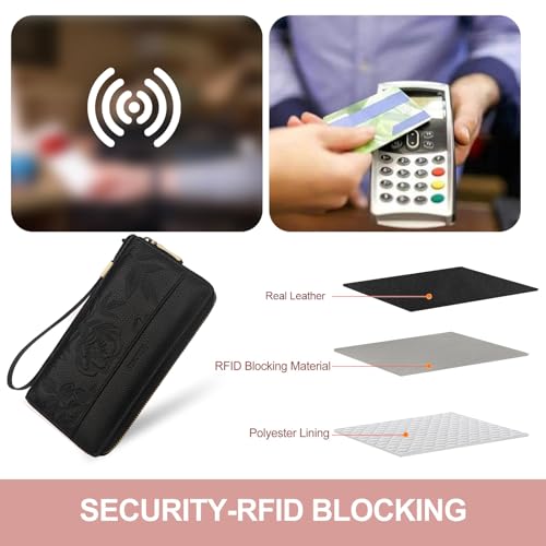 Leather Wallet Women With Embossed Flowers,RFID Blocking Wristlet | Large Capacity With 12 Credit Card Slots,Zip Coin Pocket,Cash Pocket,Detachable Wristlet,Daily Shopping Travel Wallet Black - color: a3-black