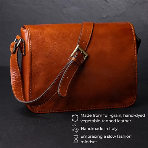 Time Resistance Leather Messenger Bag for Men, Handmade Crossbody Bag, Shoulder Bag Made in Italy - color: Cognac