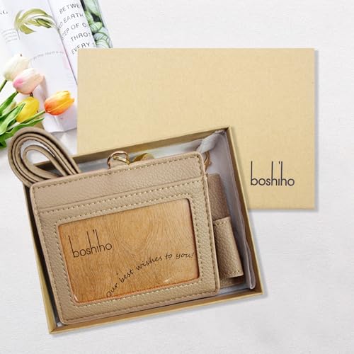 Office Badge Holder - Boshiho Genuine Leather Credit ID Card Holder with Stretch Neck Lanyard and Pen Clip, Gift Box (Horizontal-Light Brown) - color: Horizontal-light Brown