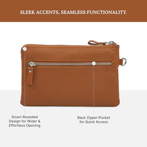 Leather Wristlet Wallet for Women Clutch Handbag Purse with Cell Phone Slot | Genuine Top Grain Leather, 8 Credit Card Slots, Detachable Strap, YKK Zipper, Gifts for Women - color: Cognac Nappa