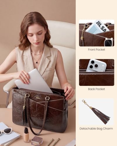 LOVEVOOK Laptop Tote Bag for Women,Leather Work Computer Briefcase Bag - color: Retro Brown—patent Leather, size: 15.6 inch