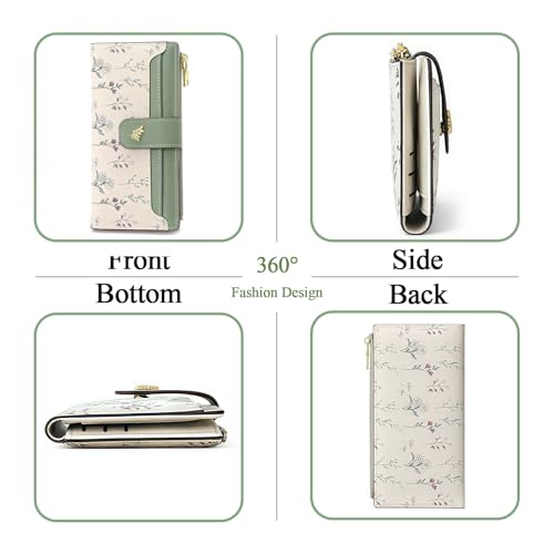 Women's Bifold Long Wallet, Slim & Thin RFID Blocking Floral Vegan Leather Card Holder with Bow Keychain (Green) - color: Green