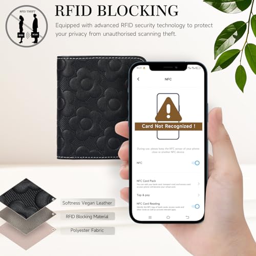 Small Wallet Women Slim RFID Leather Bifold Wallet Embossed Design | Compact design with ID window, card slots, and zipper coin pocket, ideal for daily travel, shopping, and gifts - color: 07-Black