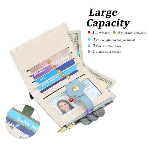 GAEKEAO Small Wallets for Women RFID Blocking Bifold Floral Vegan Leather Wallet Card Holder with ID Window & Zipper Pocket - color: C06-Blue