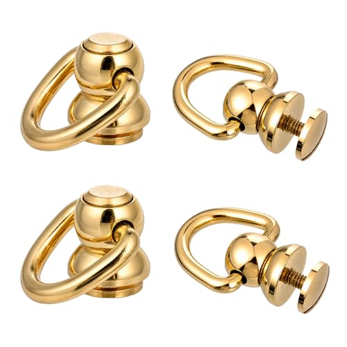 4 Pcs D Rings for Purse, Brass Ball Studs Rivets Small D Ring with Screw Back Rotatable Strap Hardware for Handbag Dog Collar Leather Purse Craft Bag Hardware Repair DIY Accessories (Gold)