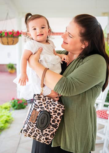 Bumco Portable Diaper Clutch Bag with Built-In Baby Wipes Dispenser | Airtight refillable wet wipes dispenser container. Portable travel wristlet pouch strap for quick cleanups on the go. - color: Leopard