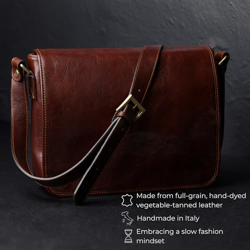 Time Resistance Leather Messenger Bag for Men, Handmade Crossbody Bag, Shoulder Bag Made in Italy - color: Brown