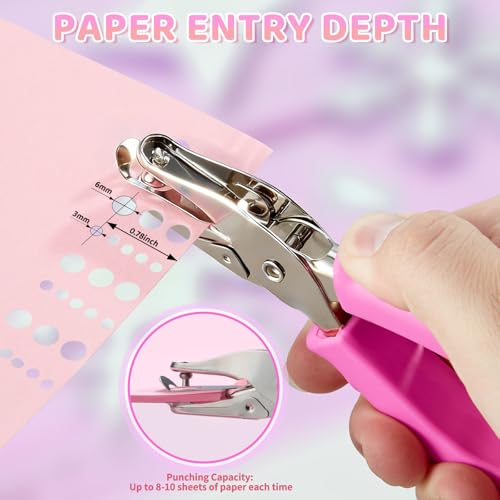 2 Pcs Single Hole Punch, 1/4" and 1/8" Hole Puncher with Pink Soft Grip | Mini Hole Punchers for Home, Office, Classroom, Handheld Small Circle Paper Punch for Crafts, Gift Tags, Tickets, Scrapbooks