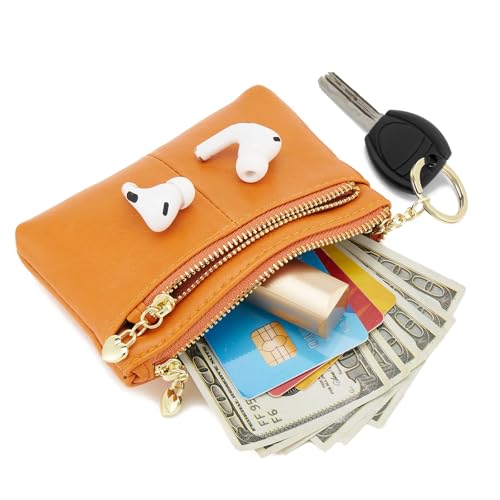Women PU Leather Zip Mini Coin Purse With Key Ring Triple Zipper Card Holder Wallet (Orange) - color: Orange