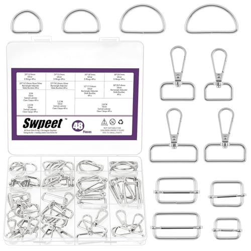 Swpeet 48Pcs 4 Sizes Silver Metal D Ring & Rectangle Adjuster Triglides Slides Buckle & D Ring Swivel Lobster Clasp Kit, Semi-Circular D Rings Roller Pin Buckles Swivel Snap Hook for Belt DIY Crafts - color: Silver