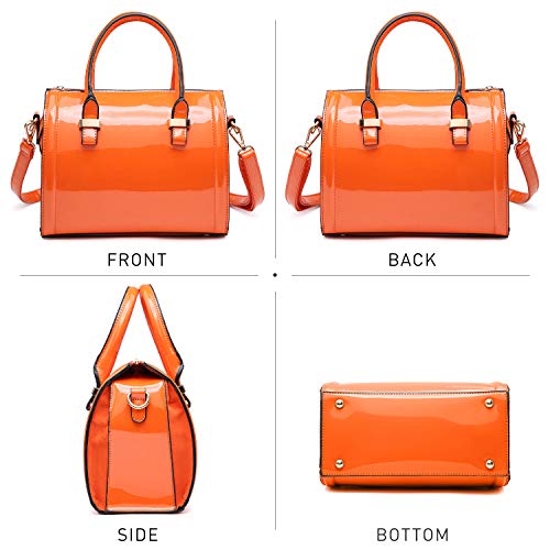 Shiny Patent Faux Leather Handbags Barrel Top Handle Purse Satchel Bag Shoulder Bag for Women - color: Orange