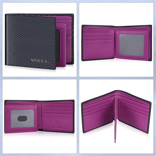 VISOUL Mens Bifold Wallet with 2 ID Windows Carbon Fiber Leather, RFID Blocking Secure Designer Billfold Wallets for Men with Two Cash Compartments (Black+Purple) - color: Black+Purple