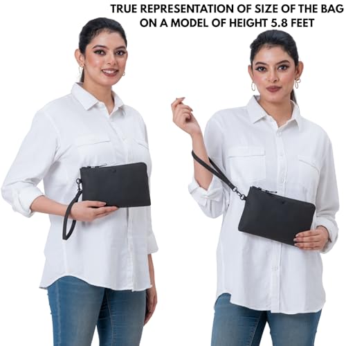 Leather Wristlet Wallet for Women Clutch Handbag Purse with Cell Phone Slot | Genuine Top Grain Leather, 8 Credit Card Slots, Detachable Strap, YKK Zipper, Gifts for Women - color: Black Crazy Horse