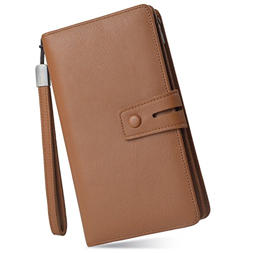 Bveyzi Women's Big Fat Rfid Leather Wristlet Wallet Organizer Large Phone Checkbook Holder with Zipper Pocket (Brown) - color: Brown