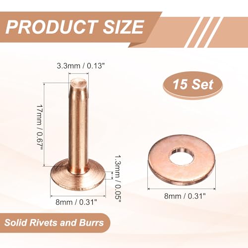 HARFINGTON 15Set Copper Rivets and Burrs Washers 8x3.3x17mm Dimpled Finish Solid Leather Rivet Fastener Studs Posts for Leather DIY Craft Belts Wallets Collars, Copper Tone - color: Copper Tone, size: 8x3.3x17mm