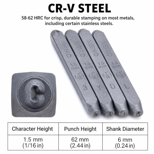 NEIKO 02629A Number and Letter Punch Set with Heat-Treated Steel Punches, Imprinting & Arts and Crafts, 1/16" (1.5MM) Shaft, 36 Pc Stamp Set, Uppercase Letter & Number Punch Set (A-Z / 0-8 / "&") - size: 1.5mm - 1/16"