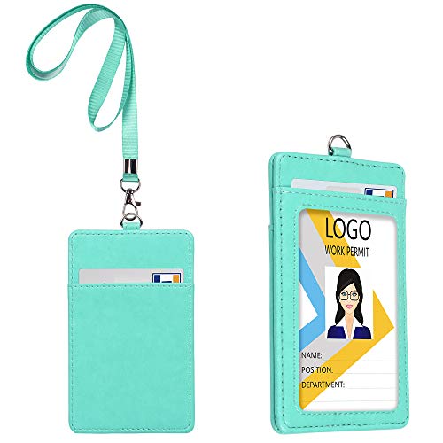 Teskyer Leather ID Badge Holder with Lanyard, Vertical Cyan | Durable Nylon Lanyard, Rear Card Pocket, Scan Without Removing Card, Built to Last, Work & Cruise Ready - color: Green, size: Vertical
