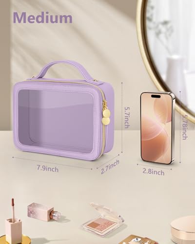 Soimeat Clear Makeup Bag, Portable Travel Cosmetic Bags, Multipurpose Leather Toiletry Bag with Zipper, Waterproof Transparent Cosmetic Organizer for Women, Medium, Purple - color: Purple, size: Medium
