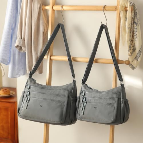 AOCINA Nylon Crossbody Bags for Women Multi Pocket Cross Body Purses - color: Gray Leaves, size: Large