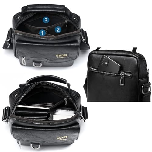 Messenger Bag for Men Crossbody Shoulder Purse Small Vintage PU Leather Satchel Pouch Side Crossover Handbag - color: Men Messenger Bag for Black