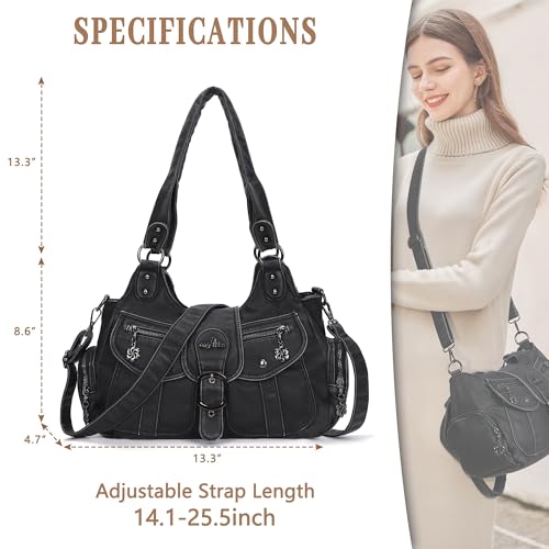Angel Kiss Hobo Bags for Women Vegan Leather Shoulder Purses and Handbags Ladies Roomy Tote Bags Purse with Crossbody Strap - color: 1-black