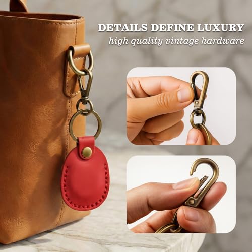 Genuine Leather Airtag Holder Compatible with Apple AirTag Keychain 2nd & 1st Gen, Handmade Air Tag Holder with Key Rings, Hidden Airtag Case Accessories - True Red - color: True Red