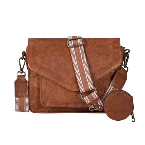 Ozora Genuine Leather Crossbody Purse for Women, Shoulder Bag - color: Tan Coin Web
