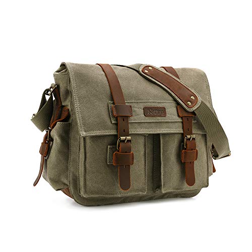 Kattee Vintage Leather Canvas DSLR SLR Camera Bags for Men | Leather & canvas, vintage. Adjustable padded dividers fit DSLR/lenses. Card pockets. Ideal for travel, office & daily - color: Light Green