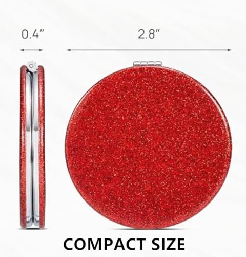 Red Compact Mirror for Purse,Magnifying Travel Mirror with Glitter,Double-Sided Small Pocket Mirror,Portable 2 x 1x Magnification Folding Makeup Mirror,Cosmetic Mirror for Gift - color: Red-round