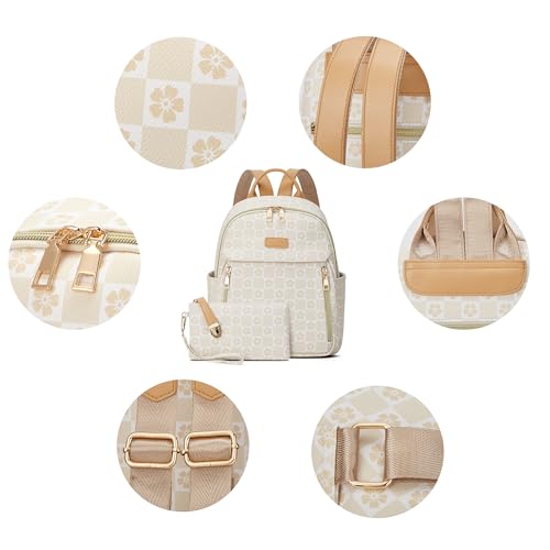 Makes Mini Backpack for Women, Small Casual Backpacks Daily Travel Bag 2pcs | Small Bookbag,Work Travel School PU Leather Shoulder Bag Mochilas Para Mujer Rucksack Gifts for Lady Girls Mother Wife - color: Checkered Beige
