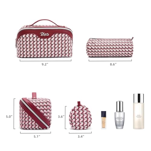 BOYATU Travel Makeup Bag Cosmetic Bags for Women: 3 Pcs Set Make up Bag | Large Capacity Waterproof Vegan Leather Organizer Bags with Compartments - Lay flat Toiletry with Handle (M-78Red) - color: M-78Red