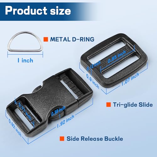 8 pack 3/4" Quick Side Release Buckles, Tri-Glide Slide Clip 16 PCS, 8 Metal D-Ring, Dual Adjustable No Sewing Clips, Plastic Buckles Replacement for Nylon Webbing Straps Backpack Belt Dog Collars - color: 3/4" 8 Pcs Buckle Set