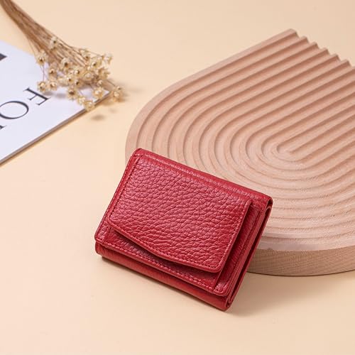 Small Wallet Women Genuine Leather RFID Blocking Trifold Tiny Wallets with Snap Coin Pouch 7 Card Solts
