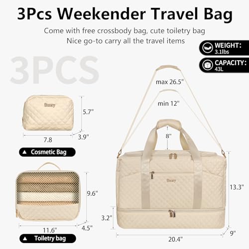 Stuery Weekender Bags for Women with Toiletry Bags: Large Overnight Bags Travel Duffel Bag Carry On Shoulder Weekend Tote with Shoe Compartment and Wet Pocket for Girls Airplane Traveling,Beige White - color: C-3PCS Beige White