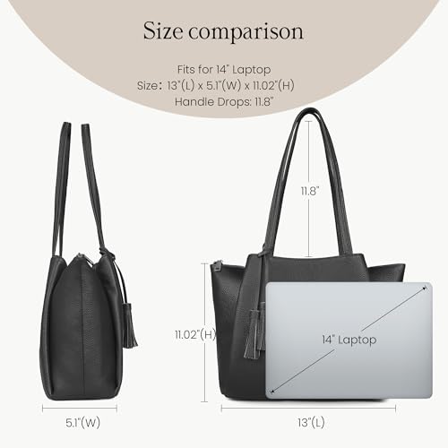 befen Genuine Leather Tote Bag for Women Work Leather Totes Purse Handbag | Real Leather, 14" Laptop Sleeve, Tassels, Multi-Pockets, Zipper - color: Black