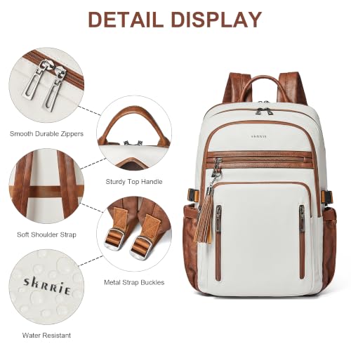 17 Inch Laptop Backpack Purse for Women with Giant Tumbler Holders | Vegan Leather,Travel Work Business College Teacher Nurse,USB Port,RFID Wristlet Purse,28L Large Capaity,Beige with Brown - color: Beige With Brown