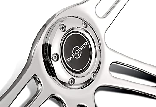 W-Power, 14" Universal 350mm 6 Bolt Hole Vintage Style with Aluminum Polished Special Black Leather Grip Steering Wheel, Black Horn Button, Chrome 4-Spoke