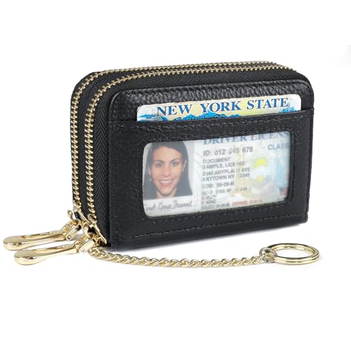 imeetu Rfid Credit Card Holder, Businese Card Case, Wallet for Women Men | Genuine Leather Card Wallet with id Window, Keychain & Double Zipper, Water-resistan Small Wallet with Gift Box, Daily Travel - color: Max - Black