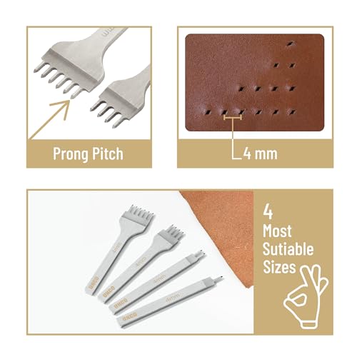 UNCO- Leather Stitching Punch, 4 Pack, 4 mm, 1/2/4/6 Prong, Leather Stitch Punch, Stitching Chisel - size: 4 mm