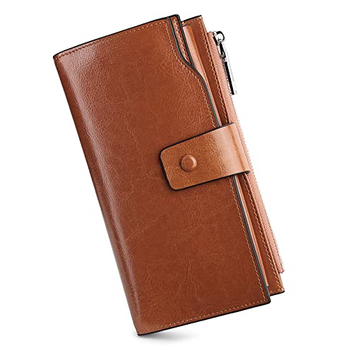 YALUXE Women's RFID Real Leather Wallet with 21 Card Slots Phone Pocket - color: 8- Waxed DarkBrown, size: Genuine Leather