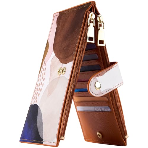 Travelambo RFID Wallet Women Large Size Bifold Multi Card Wallet Case with Zipper Pocke Credit Card Holder for Women - color: Brown Simple Abstract Art