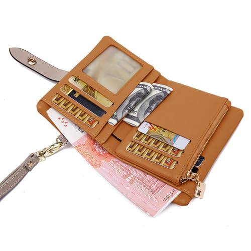 TPKUENL Wallets for Women Small Bifold Rfid Leather Zipper Coin Pocket Wrist Strap(Brown) - color: Brown