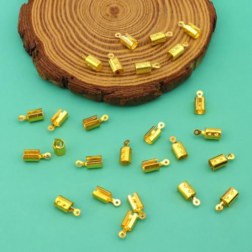 200pcs Fold Over Cord Ends Crimp End Tips Stainless Steel Cord Crimp End Tips Leather Ribbon Ending Clasp Tips Jewelry Connector for Bracelets Leather Jewelry Making(Gold) - color: gold